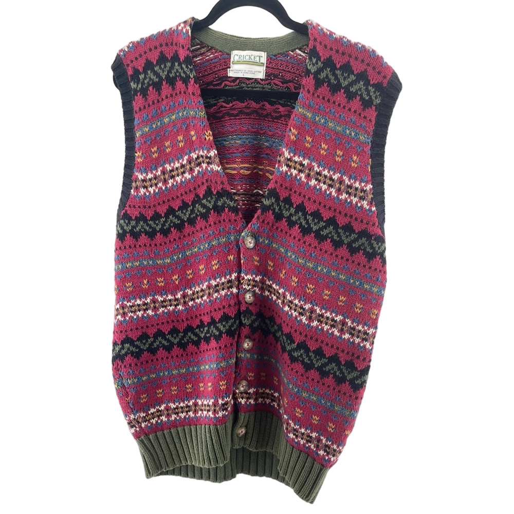 Vintage Woven Knit Button Down Cricket Vest 100% Cotton Oversized Large